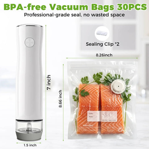 Portable Cordless Handheld Vacuum Sealer For Food Compact Travel Ready Food Saver with sealed salmon in reusable bag