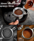 51mm Espresso Accessories Kit With WDT Tool Dosing Funnel Puck Screen Set in use with portafilter on espresso machine