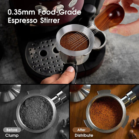 51mm Espresso Accessories Kit With WDT Tool Dosing Funnel Puck Screen Set in use with portafilter on espresso machine