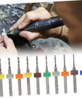 Close-up of 30Pcs PCB Drill Bit Set for Jewelry Engraving and Circuit Boards, showing tungsten micro drill bits with colored rings.