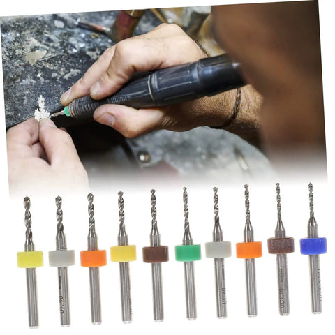 Close-up of 30Pcs PCB Drill Bit Set for Jewelry Engraving and Circuit Boards, showing tungsten micro drill bits with colored rings.