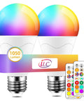 Lit Color Changing LED Bulb With Remote RGB 6 Modes Dimmable E26 Base, 2-pack on white background with remote control