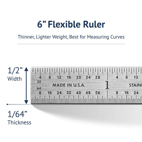 6 Inch Machinist Pocket Rule With 32nds And 64ths, Decimal Equivalents Chart, Premium Stainless Steel, Flexible, Durable Tool For Pros And DIYers In The Shop. 6-inch flexible stainless steel ruler, 1/2-inch wide, 1/64-inch thick