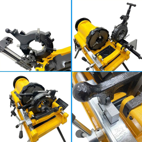 Heavy Duty 750 Watt Electric Pipe Threader Machine Half To Four Inch Threading Cutting And Reaming Badass Workhorse For Water Gas Or Electrical Conduits in detailed multi-angle view with components visible.