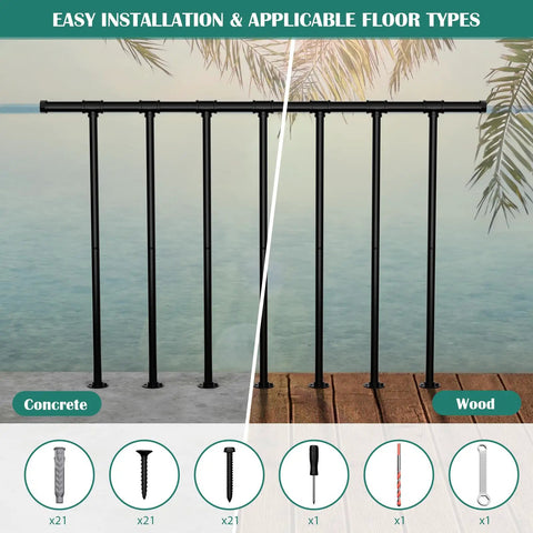 Heavy Duty Metal Deck Railings Kit With Balusters For Porch And Balcony Easy Install Outdoor Wrought Iron Flat Rail System Rust Resistant Powder Coated Finish 34 Inch High By 4 Foot Wide Black for concrete and wood installation