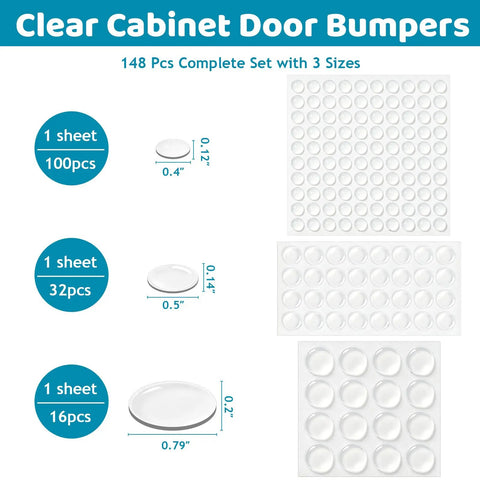 Soft Close Cabinet Bumpers Kit With 148 Pieces In 3 Shapes Invisible Silicone Cushions For Cabinets Drawers Furniture And Picture Frames Self Adhesive No Slam Noise Reduction Dots That Stop Slams 3 sizes shown