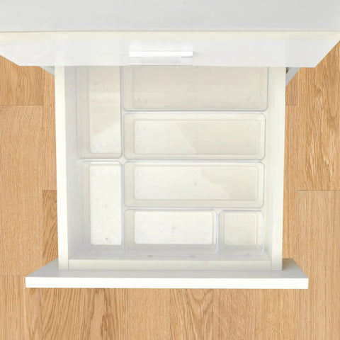 Clear stackable drawer organizer set for cosmetics in a drawer, part of Clean Up Your Counters With This Super Solid 15 Piece Clear Plastic Drawer Organizer Set.