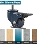 Heavy Duty M8 1.25 Threaded Stem Caster Wheels Set Of 4 1.6 Inch Swivel PU Castors with Locking Brake for various floors.