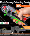 Ultimate Ferrule Crimping Tool Kit For Pros With Wire Stripper And 1265 Pcs Connectors Including Single Twin Terminals AWG 28 To 5 For Solid Heavy Duty Electrical Wiring Projects That Are Super Easy To Use. Ferrule crimping pliers with orange grip, adjustable pressure and wire stripping feature.