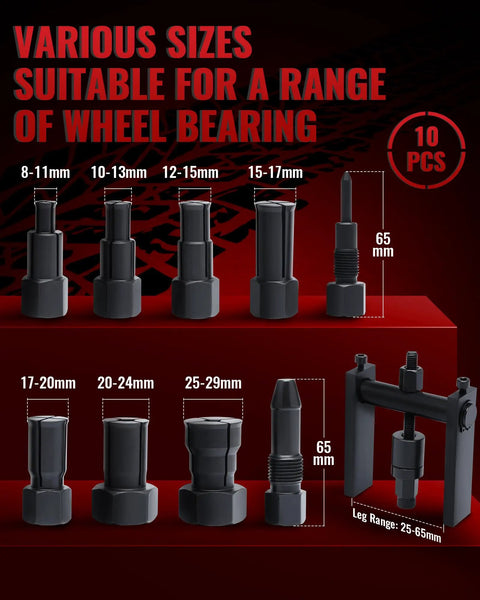 Motorcycle Wheel Bearing Puller Set For Blind Hole Removal 8 To 25 Mm Inner Bearings shown with 10 piece sizes on display