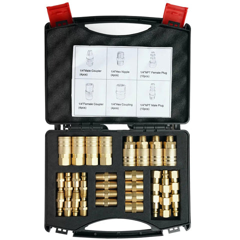 Heavy Duty One Quarter Inch Air Hose Fittings Kit With Storage Case 36 Piece Quick Connect Accessory Pro Grade Set open case