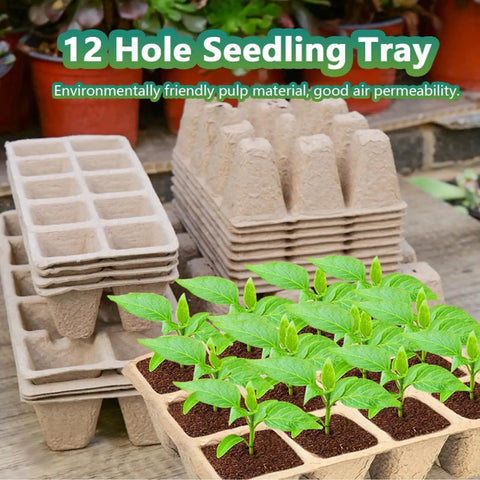 12 Hole Seedling Tray with green plants, made from pulp material, biodegradable, emphasizing air permeability, stacked in garden.