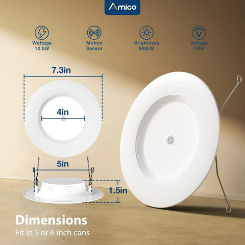 5 To 6 Inch LED Recessed Can Lights With PIR Motion Sensor, 5CCT, Auto On Within Ten Feet And Auto Off After Thirty Or One Hundred Twenty Seconds, No Sweat Install, 1 Pack; white round fixture dimensions