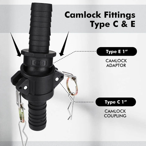 Camlock Fittings Kit 1 Inch Type C And E Polypropylene Cam And Groove Hose Fittings 8 Piece Set With 1 In Female Camlock And 1 In Male Camlock 1 In Hose Shank And Tube Couplings For Quick Connect, Type E 1 in adaptor