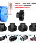 Beefy Pinion Gear Set For One Eighth And One Tenth RC SCT Buggy Monster Trucks 32P 0.8 Mod 5mm Shaft Includes 21T 22T 23T 24T 25T displayed with motors and couplers