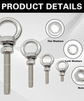 Heavy Duty Stainless Steel M4 Eye Bolts With Nuts And Washers For Rock Solid Hauling Rigging And Secure Load Attachment Tough As Nails showing various bolt sizes and washers.