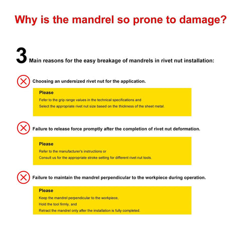 3 reasons mandrels break during Hand Rivet Nut Tool Mandrel And Nosepiece Set Three Eighths To Sixteen Thread installation