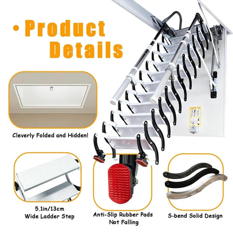 Electric Attic Ladder Pull Down Folding Loft Stairs Built Like A Tank With Top Shelf Alloy Build And Hassle Free Operation Safety Handrails For Effortless Ceiling Access 80X120CM with anti-slip rubber pads and folding design.