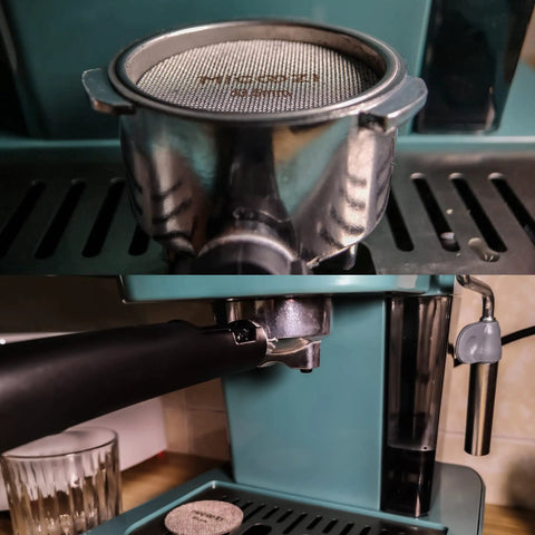 53.5mm Espresso Puck Screen Reusable 1.7mm Thick 100 Micron Stainless Steel Filter Mesh Plate in portafilter on espresso machine.