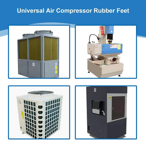 Solid Rubber Shock Pad For Air Compressors And Industrial Equipment Anti Vibration Isolation Pad 4 Inch By 4 Inch By 1 Inch Heavy Duty 4 Pack Durable Vibration Dampers That Stand Up To 960 Lbs Per Pad showcasing universal air compressor rubber feet with industrial machinery.