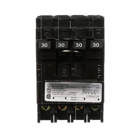 Two 30 Amp Double Pole Quadplex Plug In Circuit Breaker With Space Saving Half Inch Frame UL Listed front view