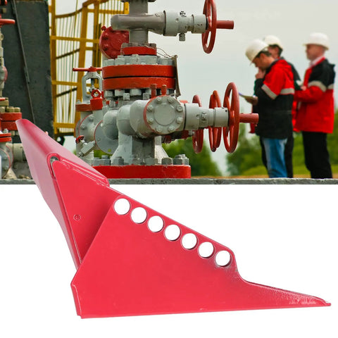 Red Stainless Steel Ball And Gate Valve Lockout Device in industrial setting with workers, for 1.5 to 3 inch pipe diameter.