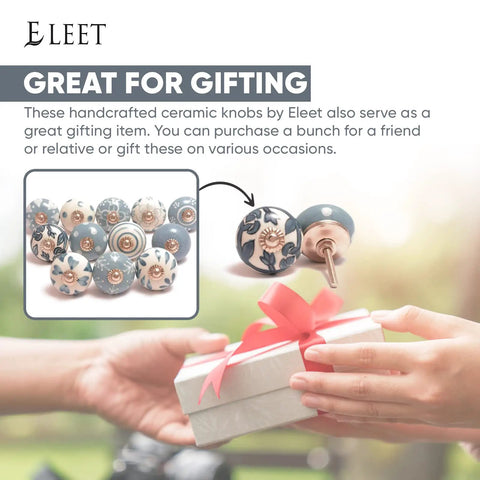 Hands exchanging gift with image of Assorted Ceramic Cabinet Knobs Set Of 12 In Grey And White With Vintage Old School Charm