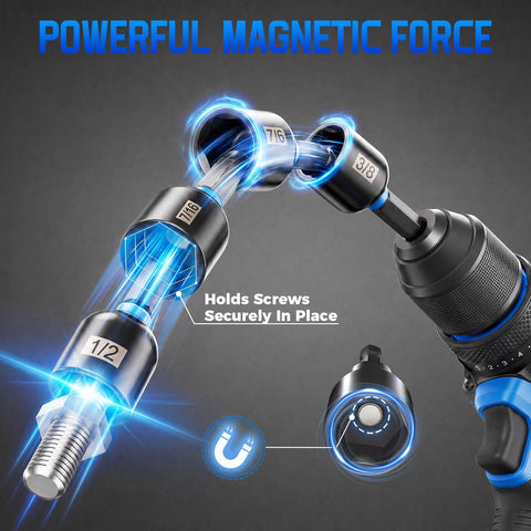 80 Piece Magnetic Impact Nut Driver Set With Socket Adapters For Impact Drivers And Drills showcasing magnetic force hold