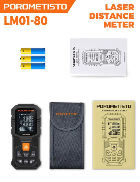 Pro Grade Laser Measuring Tool With 262 Ft Range And 2mm Accuracy, 1mm Resolution, Tripod Mount, Angle Sensor For Fast Home Inspections, Renovations, And DIY Projects. Black laser distance meter with batteries, case, and manual.