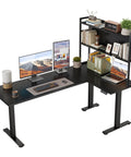 63 Inch L Shaped Electric Standing Desk With Reversible Corner Layout And Hutch Height Adjustable Sit Stand Ergonomic Workstation For Home Office Spacious Large Lift Table Black showing monitors and hutch