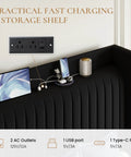 Queen Size Velvet Bed Frame With Storage Headboard And Charging Station Black Upholstered Bookshelf Base showing charging ports and devices.