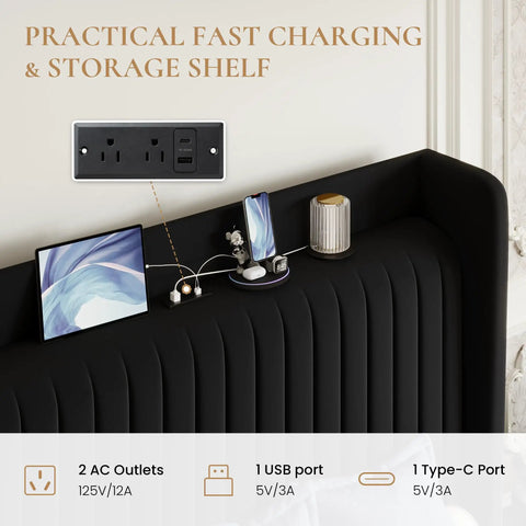 Queen Size Velvet Bed Frame With Storage Headboard And Charging Station Black Upholstered Bookshelf Base showing charging ports and devices.