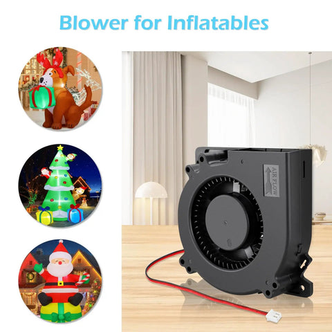 Heavy Duty IP67 120mm Blower Fan With Dual Ball Bearings 12V DC for inflatables, shown with Christmas decorations in background.