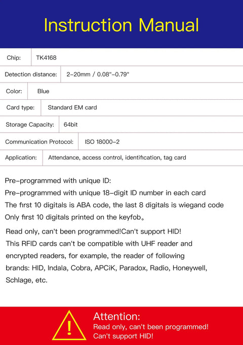 Instruction manual for 125KHz RFID Key Fob Tags detailing chip, detection distance, and compatibility information.