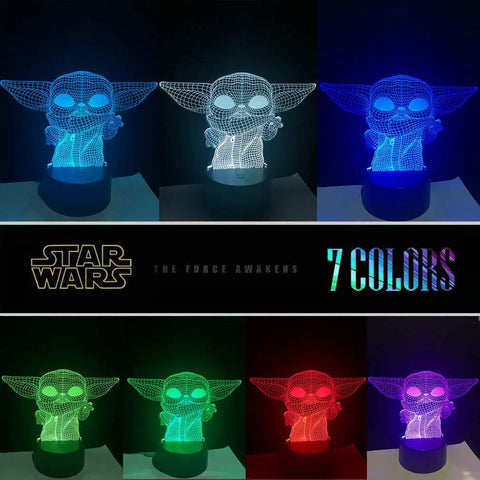 Totally Rad 3D Illusion Star Wars Night Light for Kids With 16 Color Change LEDs featuring Baby Yoda in multiple colors