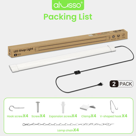 Packing list for 4Ft LED Shop Lights for Garage and Workshop, Ultra Bright 4800 Lumens, 5 Color Temperature, 120V, Linkable Two Pack.