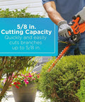 Corded 17 Inch Hedge Trimmer With 3.2 Amp Motor, Dual Action Blades in use cutting shrubs, 5/8 inch capacity highlighted in text.