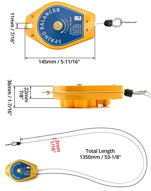 Heavy Duty Spring Balancer Set 2 Pack Retractable Tool Holder with Steel Cable and Alloy Hook, supports 3.3 to 6.6 lb load