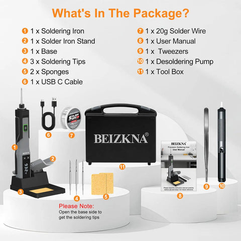 Sweet Cordless Soldering Iron Kit with 5 Second Heat Up, 14-in-1 Portable Soldering Tool, components displayed with toolbox