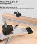 Aluminum T Track Double Cut Profile Miter Slot Jig for Woodworking Workbench showcasing clamp system and predrilled holes.