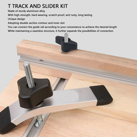 Aluminum T Track Double Cut Profile Miter Slot Jig for Woodworking Workbench showcasing clamp system and predrilled holes.
