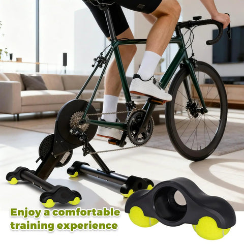 Indoor setup with 4 Pack Bike Trainer Rocker Feet Adapters, featuring stable rocker feet and tennis balls for realistic cycling.