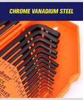 Close-up of 32 Piece Hex Key Set with Torque Handle in case, showing long and short keys in heat treated steel, black oxide finish.