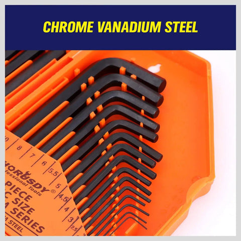 Close-up of 32 Piece Hex Key Set with Torque Handle in case, showing long and short keys in heat treated steel, black oxide finish.