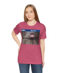 Fresh Heather Blend T Shirt Celebrating Winnetka Up N Metra Union Pacific North Train Station worn by a woman, featuring a train graphic.