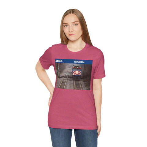 Fresh Heather Blend T Shirt Celebrating Winnetka Up N Metra Union Pacific North Train Station worn by a woman, featuring a train graphic.