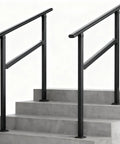Heavy Duty Two Pack Galvanized Steel Handrails For Outdoor Steps Rust Resistant Black Round Safety Rails For Decks Patios, mounted on concrete steps.