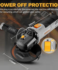 Tough As Nails 4.5 Inch Plug And Play Corded Angle Grinder showing safety features and dimensions for precise cutting.