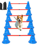 Dog jumping over hurdles in Backyard Dog Agility Training Kit For Real Pros And Beginners With Adjustable Hurdles Cones Agile Rods Weave Poles.