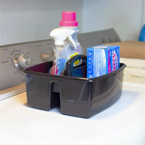 Three Compartment Cleaning Caddy for Home and Office, Multipurpose Supply Organizer With Ergonomic Handle, holding cleaning supplies